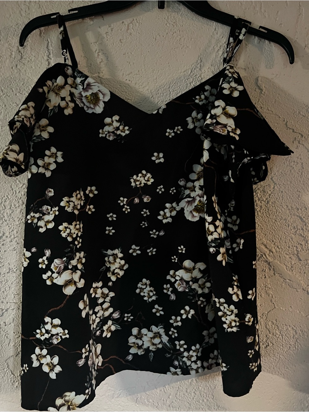 Black Floral Off-Shoulder top with White Blossom Print